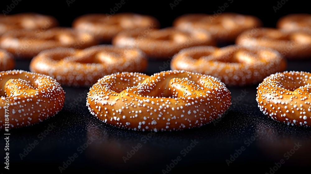 Poster glowing 3d mini soft pretzel pattern on deep navy background