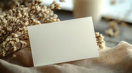 Obraz premium A blank card rests gently on a soft, neutral fabric, surrounded by delicate dried flowers, inviting creativity and heartfelt messages in a tranquil, natural setting
