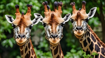 Three Giraffes Closeup in Bright Green