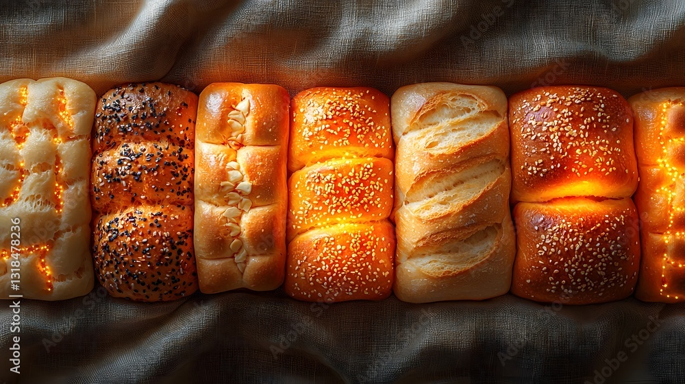 Poster Serene 3D Mini Bread Pattern on Linen Textured Background with Glowing Baguettes and Rolls