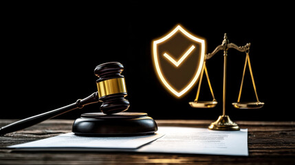 Gavel and Scales of Justice with Shield Symbolizing Legal Protection