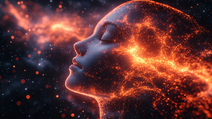 Cybernetic neural research science concept with deep-space AI-driven consciousness simulations, quantum machine learning, and digital thought-mapping