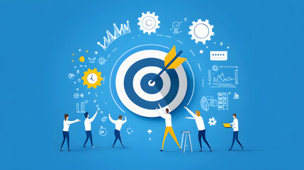
A business success infographic featuring a bullseye with an arrow hitting the center, team members working around it, symbols of planning and progress like gears, social network concept illustration