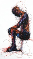 Abstract one-line drawing of a human with Lewy body dementia, black ink on white background, minimalistic art