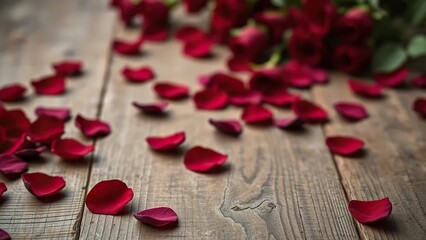 Dark red rose petals scattered on a rustic wooden table, holiday, wood