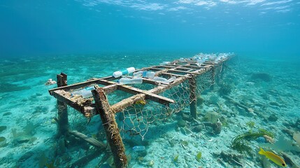 Naklejka premium A visually compelling underwater scene showcasing an abandoned submerged structure such as a bridge pier or platform in a tranquil coastal environment