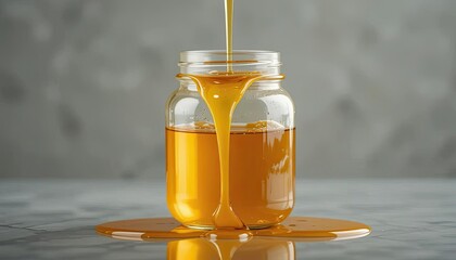 Clear glass jar with golden honey flowing isolated on a transparent background.