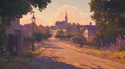 Peaceful Village Sunset: A Country Road Leads to a Church