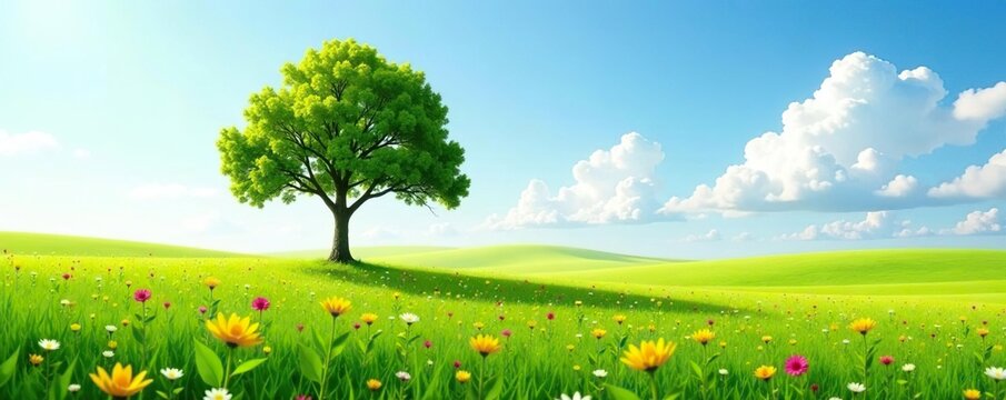 isolated tree in a vast meadow with wildflowers, solitude, nature