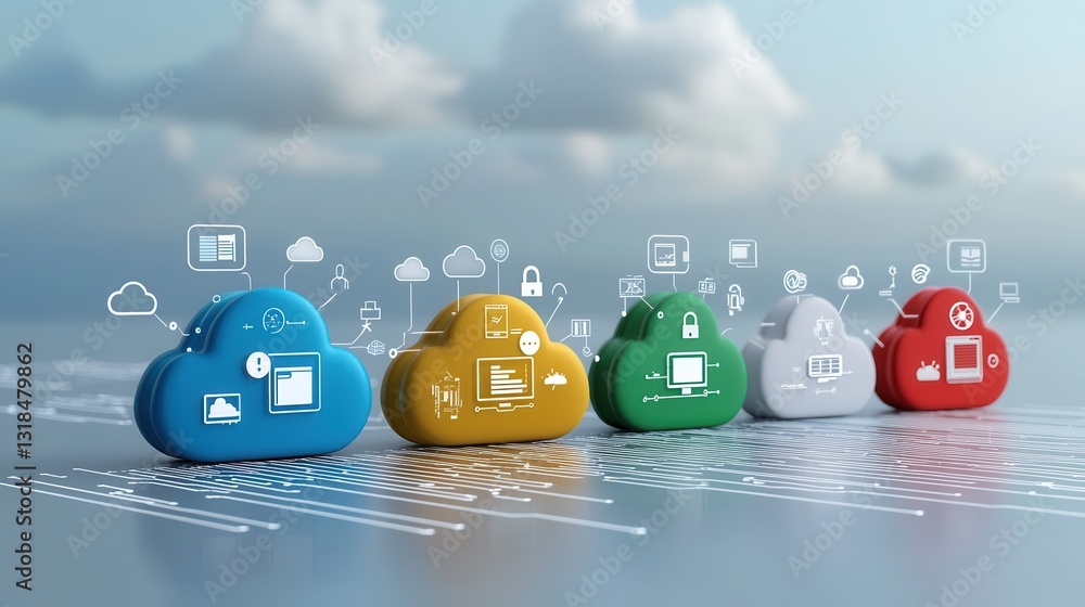 Poster a visually striking 3d rendered depicting colorful spheres representing various aspects of cloud com