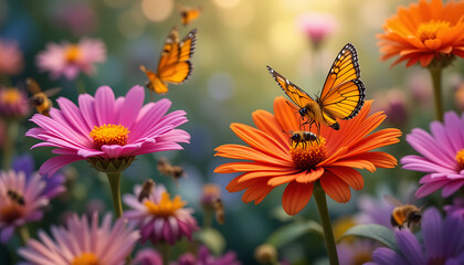 Butterflies and Bees Pollinating Flowers Natures Renewal