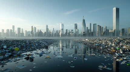 Obraz premium Visually striking concept art depicting a futuristic dystopian city skyline overwhelmed by environmental pollution and waste