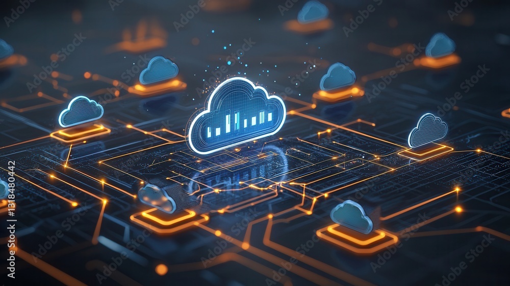 Poster visually striking and captivating futuristic digital landscape featuring a glowing cloud data techno