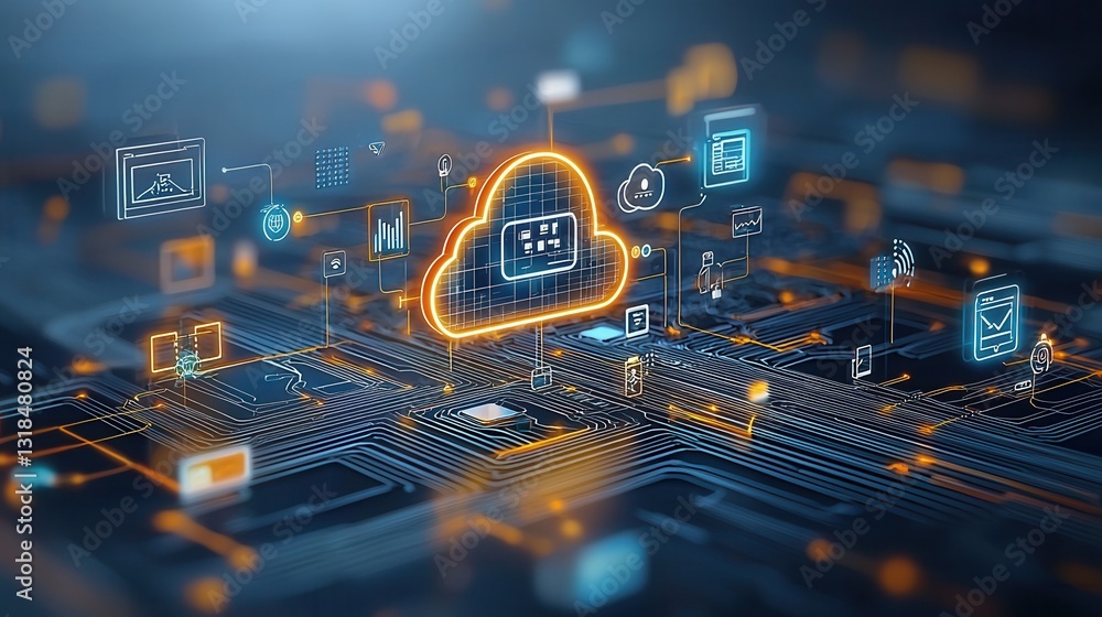 Poster visually striking neon style futuristic digital depicting a cloud like network system with data info