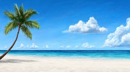 Artistic representation of a serene palm tree standing gracefully on a scenic beach with ocean waves in the background