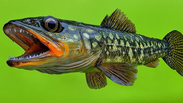 Close-up of a Burbot Fish with Open Mouth Against a Green Background