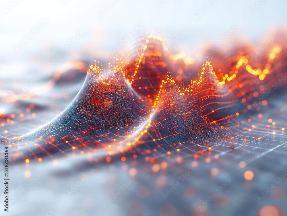 Poster futuristic financial growth chart with glowing data points and waves