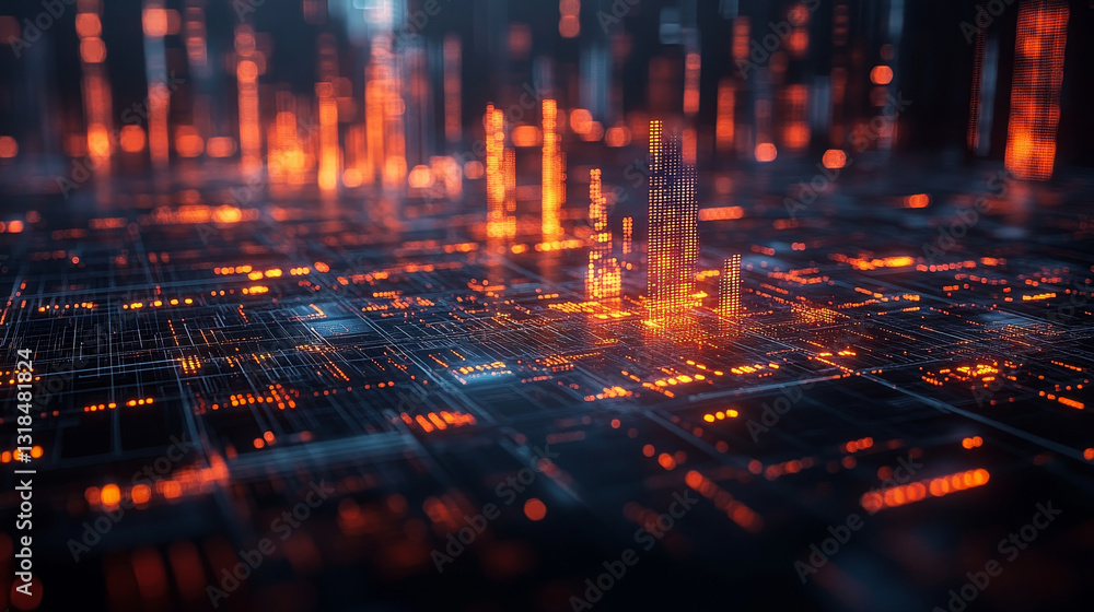 Poster futuristic digital landscape with glowing data points and lines