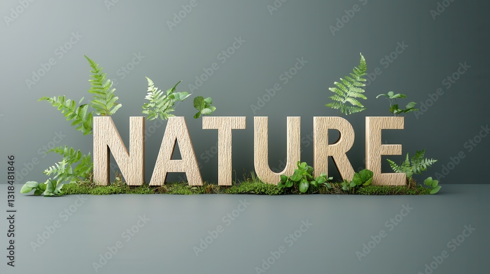 Poster visually stunning 3d typography nature composition with lush foliage and botanical elements featurin