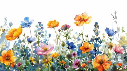 Obraz premium Beautiful Watercolor Garden Scene with Various Flowers on White Background