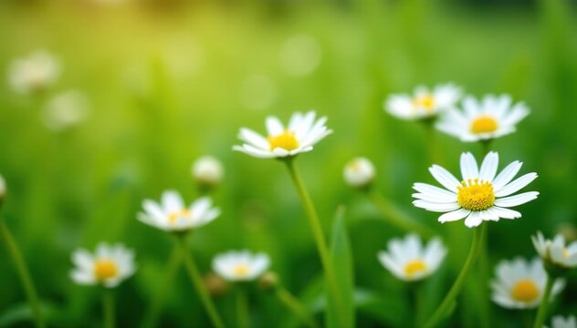 Small white flowers with yellow centers in a field, rainfarn, field flora, herbage