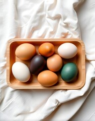 Multicolored chicken eggs in a rectangular wooden tray
