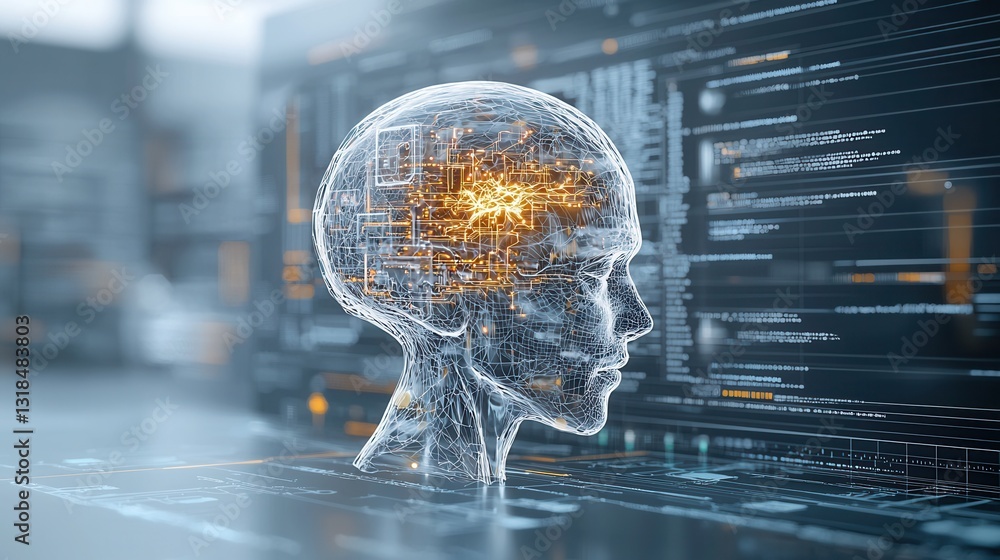 Poster advanced consciousness concept with a cybernetic brain interface visualizing the fusion of human and