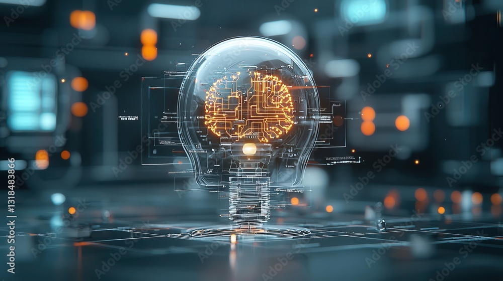 Poster advanced consciousness concept with a cybernetic digital brain and circuits visualizing the future o
