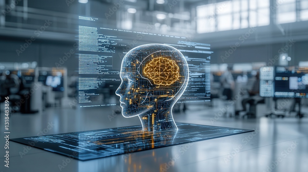 Poster futuristic brain and mind technology concept featuring a cybernetic digital interface the image show