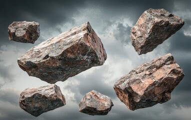 Fototapeta premium Floating rough granite boulders on a stormy sky background