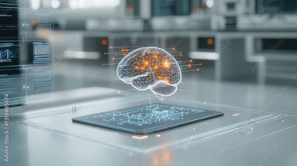 Poster a futuristic holographic image showcasing a cybernetic brain like structure representing the concept
