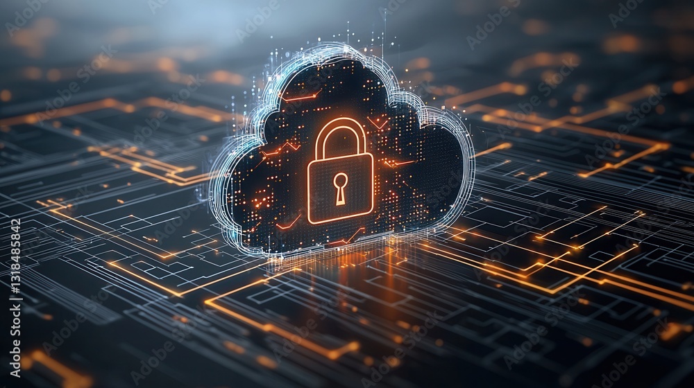 Poster secure cloud based cybersecurity concept featuring a holographic lock symbol representing data prote