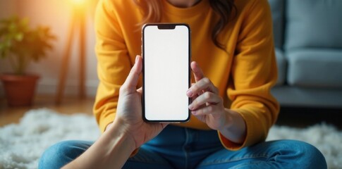 Woman sitting on floor with blank mobile phone in hand, floor, , electronics