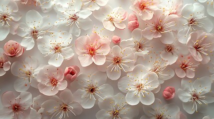 Scattered plum blossoms forming a delicate organic composition, soft blush pink and white hues, glowing accents on a subtle gray gradient background, tranquil and refined, hd quality. --ar 16:9