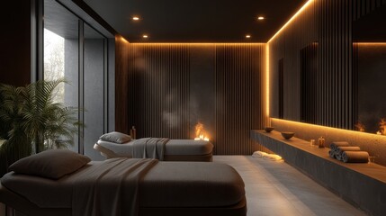 Modern spa treatment rooms with fire feature