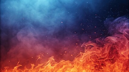Fototapeta premium Abstract fiery background with swirling smoke and sparks against a dark blue and purple sky