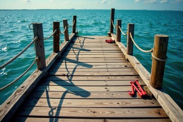 Fototapeta premium Distressed wooden dock with faded ropes and anchors, weathered ropes, ocean views