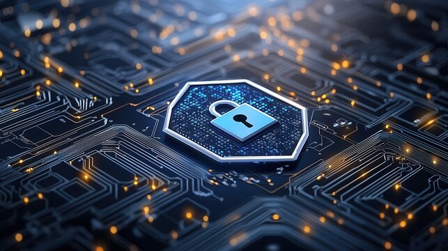 Advanced Digital Security Concept with Futuristic Technological Elements A visual representation of the latest advancements in cybersecurity featuring a digital lock circuit board patterns