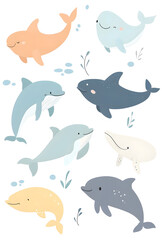 Adorable Pastel Dolphins and Whales in Minimalist Design for Aquatic Themed D&eacute;cor and Graphics