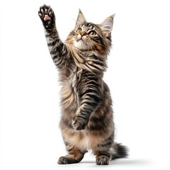 Fototapeta premium Cute gray tabby cat stands on hind legs reaching up with paw in a playful manner indoors