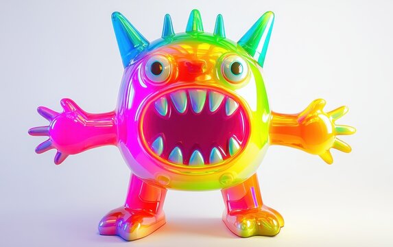 Neon plastic monster with a vibrant glow and exaggerated cartoonish features, isolated on a white background