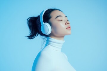 Fototapeta premium Joyful moments captured as a young woman dances in a white turtleneck while wearing headphones in a vibrant atmosphere. Generative AI