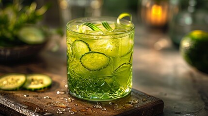 Fresh Green Cocktail Garnished with a Thin Slice of Cucumber and Ribbon Decoration on a White Background