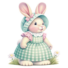 Obraz premium Adorable cartoon bunny in a dress and bonnet, standing on grass with flowers. Easter watercolor pastel.