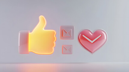 High-resolution 3D render of a massive thumbs-up , glowing heart , and a huge email notification icon, standing out on a seamless white backdrop.