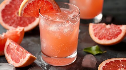 Freshly squeezed grapefruit juice in a cocktail glass on a table