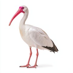 Fototapeta premium Stunning white ibis bird with pink beak set against a crisp white background ideal for nature photography showcase