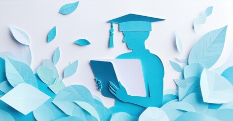 Paper cutout of person with graduation cap holding tablet displaying online course soft blue tones symbolizing e learning and digital education