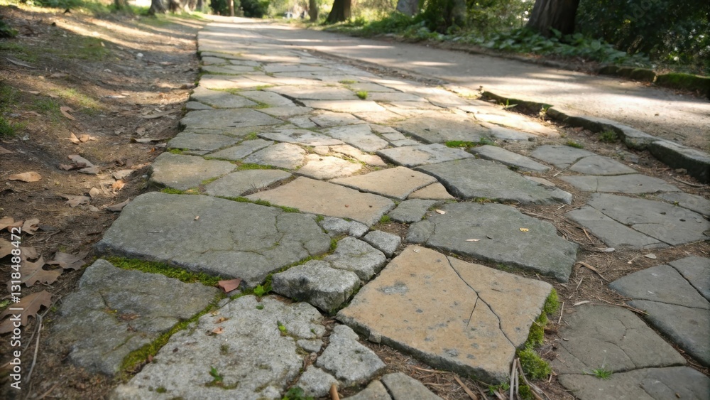 Poster a winding stone pathway through a forest, with uneven flagstones worn smooth by time and covered in 