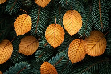 Obraz premium Autumn leaves on evergreen branches: a blend of fall colors and nature's contrast